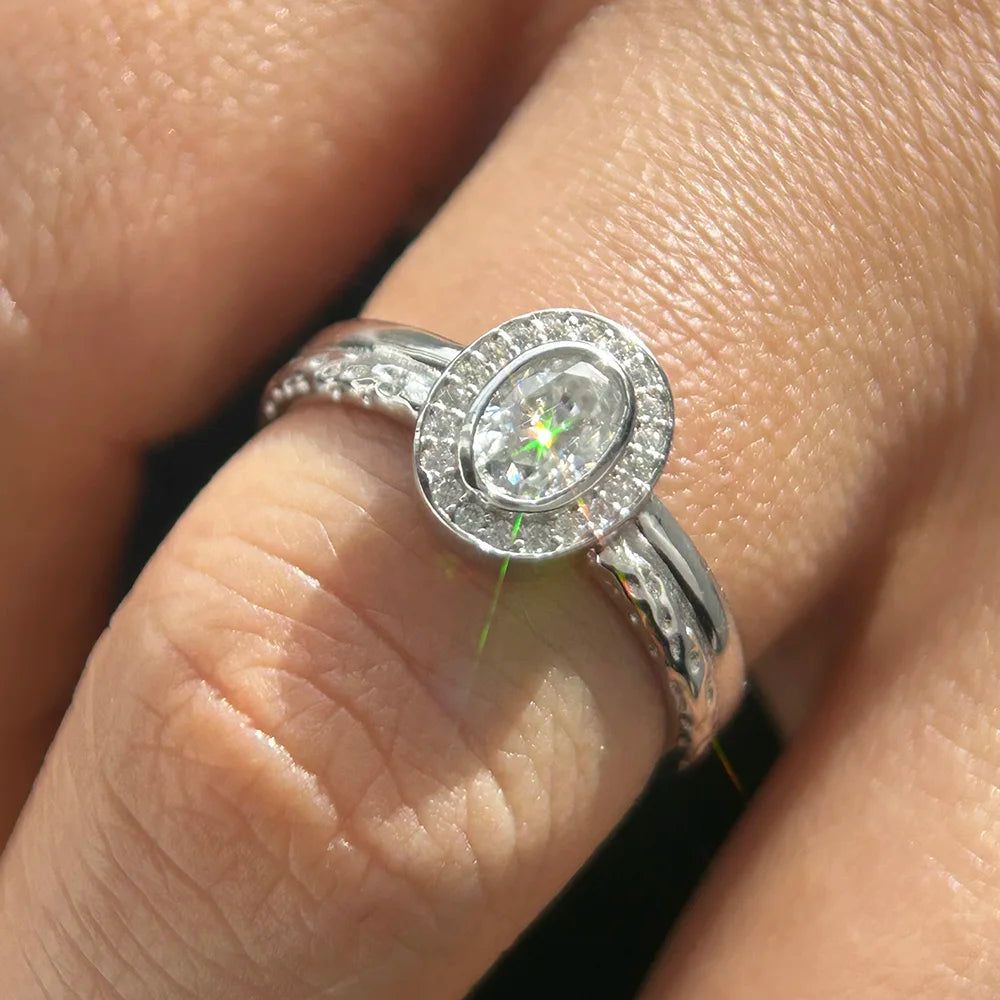 0.5CT Bezel Set Oval Cut Moissanite Halo Ring for Women Lab Diamond 925 Sterling Silver Double Row Wedding Band Jewelry With GRA