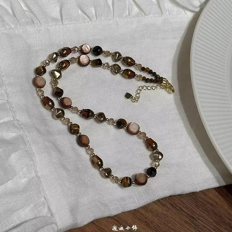 Vintage Handmade Brown Resin Stone Geometry Beaded Choker Clavicle Chain Necklace For Women Trendy Charm Neck Jewelry Gift