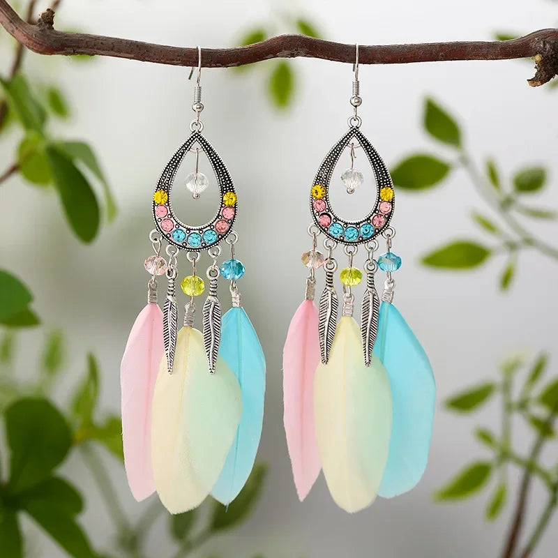 Bohemian Women Handmade Earrings For Female Colorful Long Feather Crystal Drop Tassel Dangle Earring Ladies Boho Jewelry Gift
