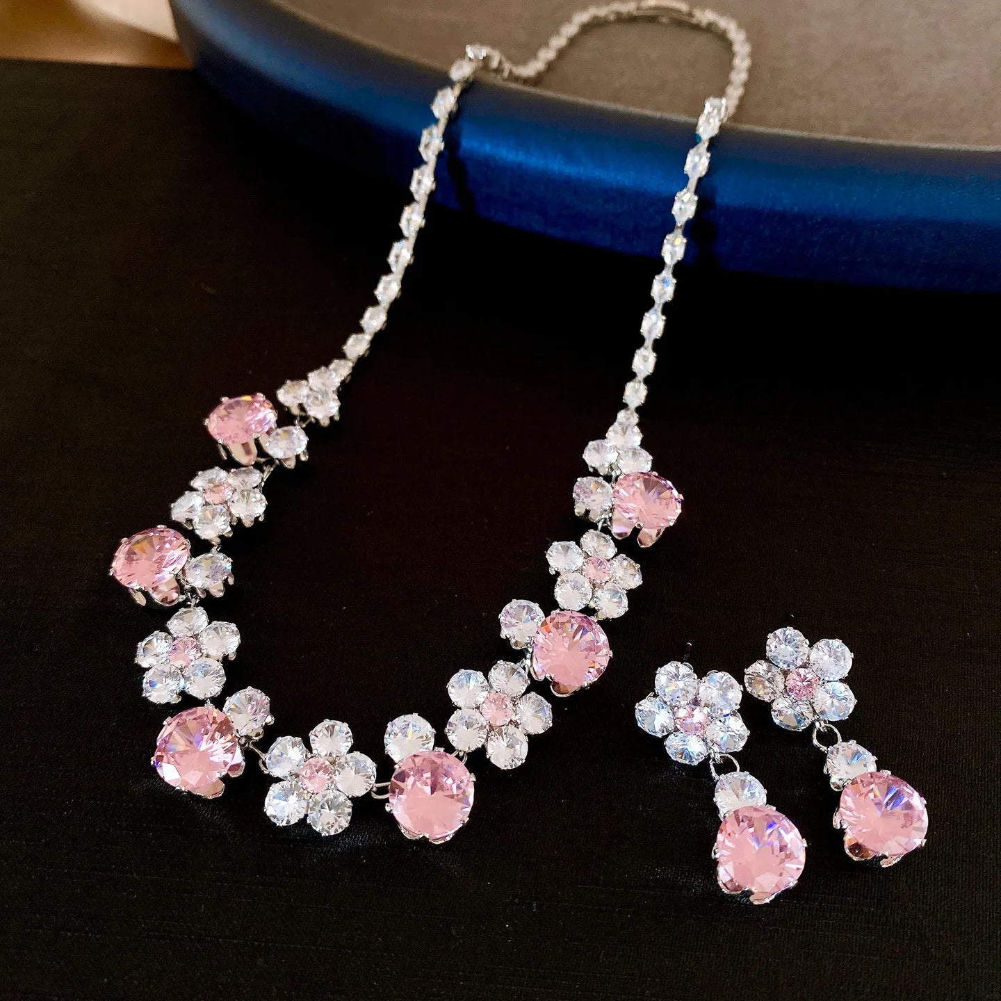 2 Pcs Reteo Flower Rhinestones Chokers Necklaces for Gathering Bling Color-block Dangle Earrings Banquet Anniversary Set H