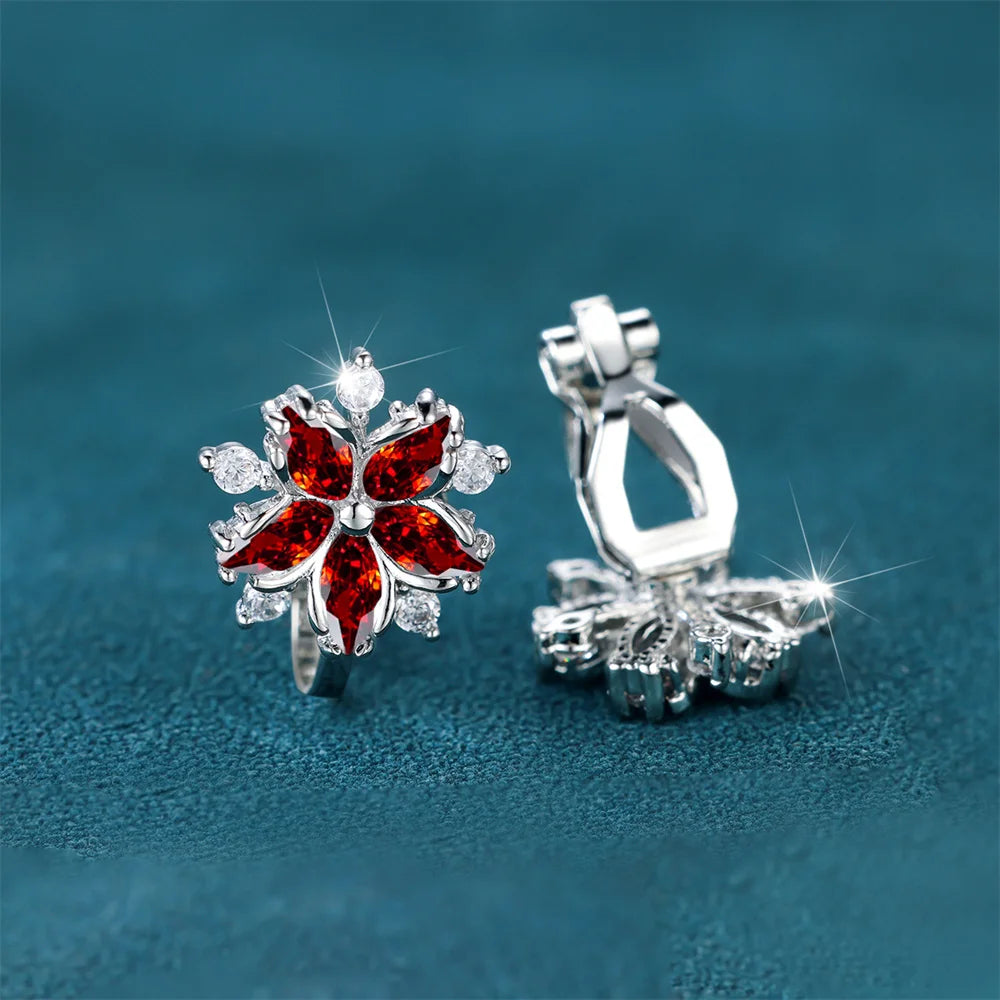 Luxury Female Small Red Zircon Stone Clip Earrings Charm Silver Color Wedding Jewelry For Women