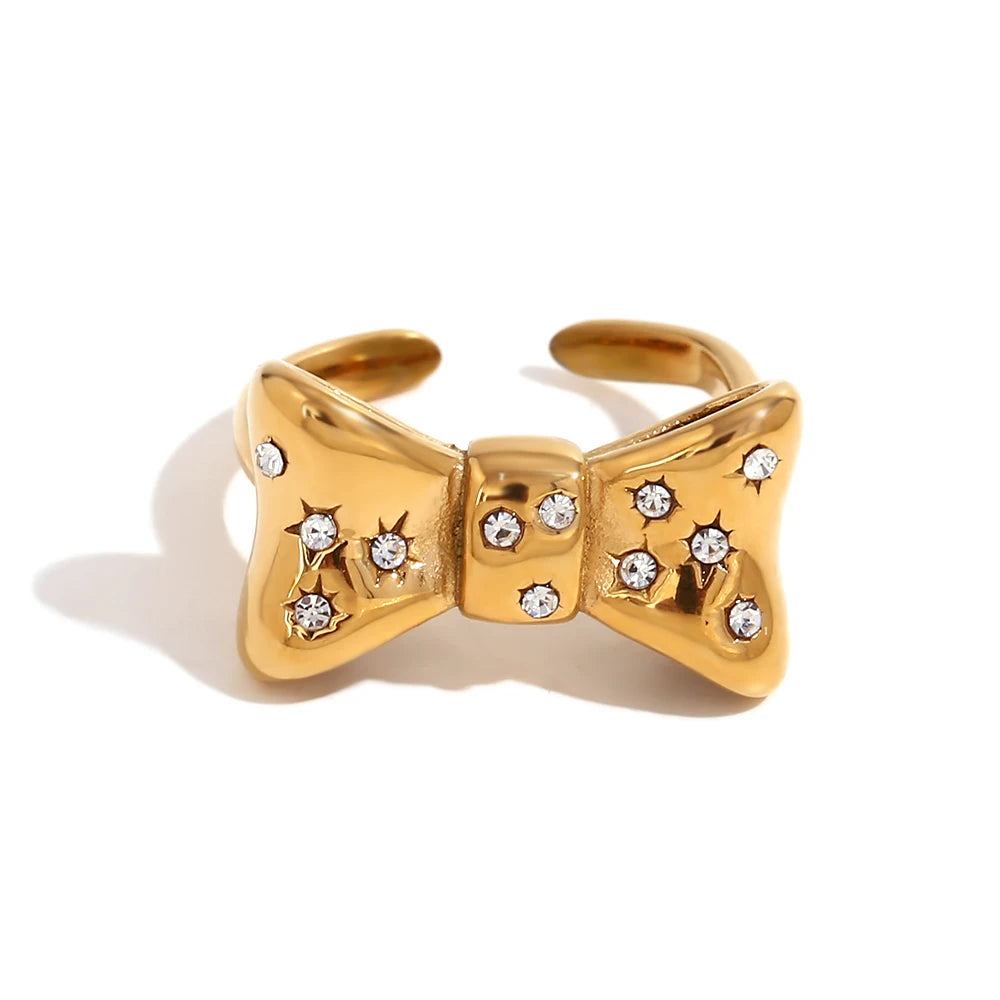 E.B.belle Micro Inlaid Bow Open Ring Waterproof Silver Color 316L Stainless Steel Decoration 18K Gold Plated Jewelry