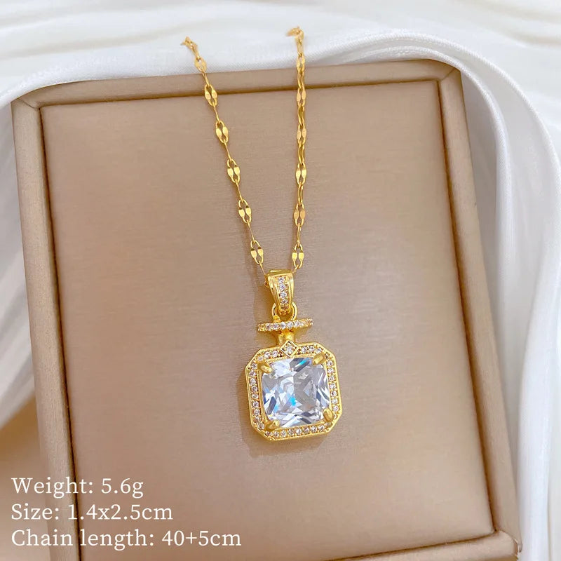 Korean Style Fashion Square Zircon Stainless Steel Necklaces For Women Luxury Elegant Female Clavicle Chain Jewelry Wholesale