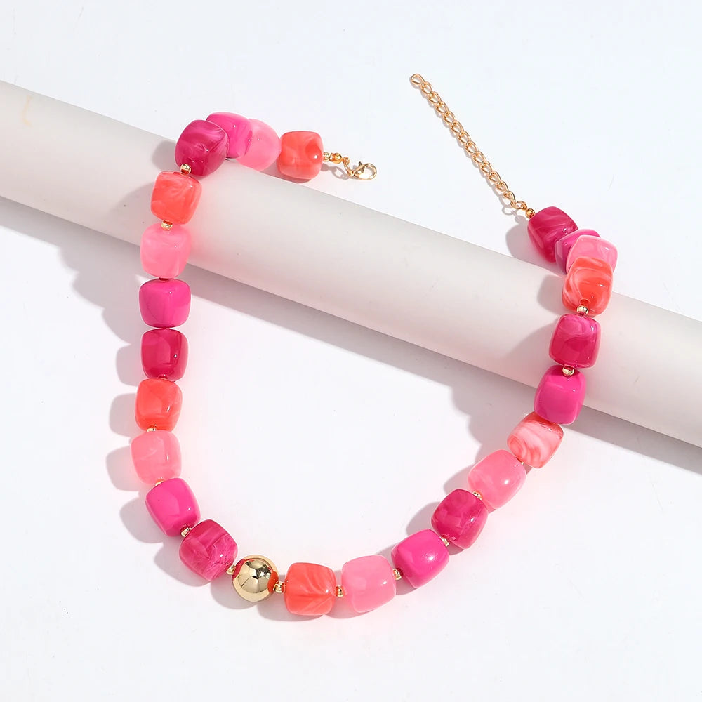 Boho Colorful Acrylic Geometric Square Beads Necklace Fashion Resin Geometry Beaded Collar Necklace 2026 New Jewelry Gifts
