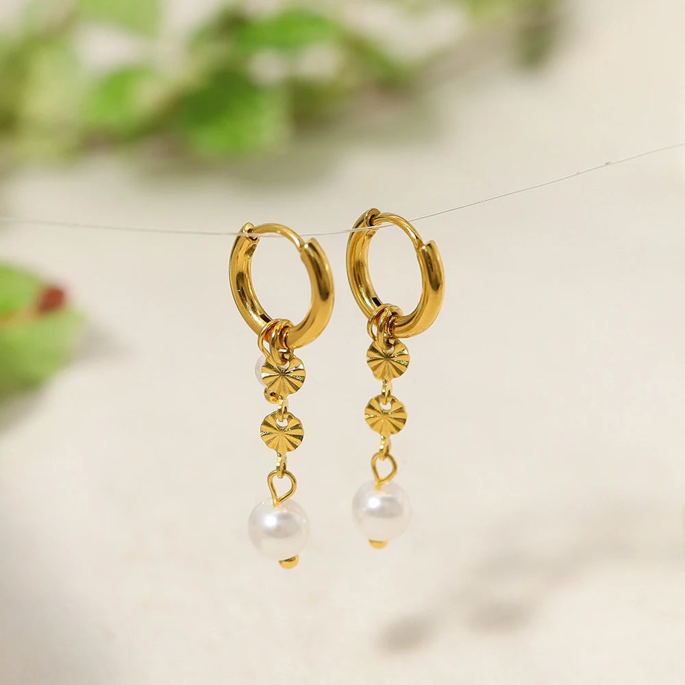 Fashion Round Pearl Pendant Earrings Wedding for Women Waterproof Statement 18K Gold Stainless Steel Hoop Earrings Trend Jewelry