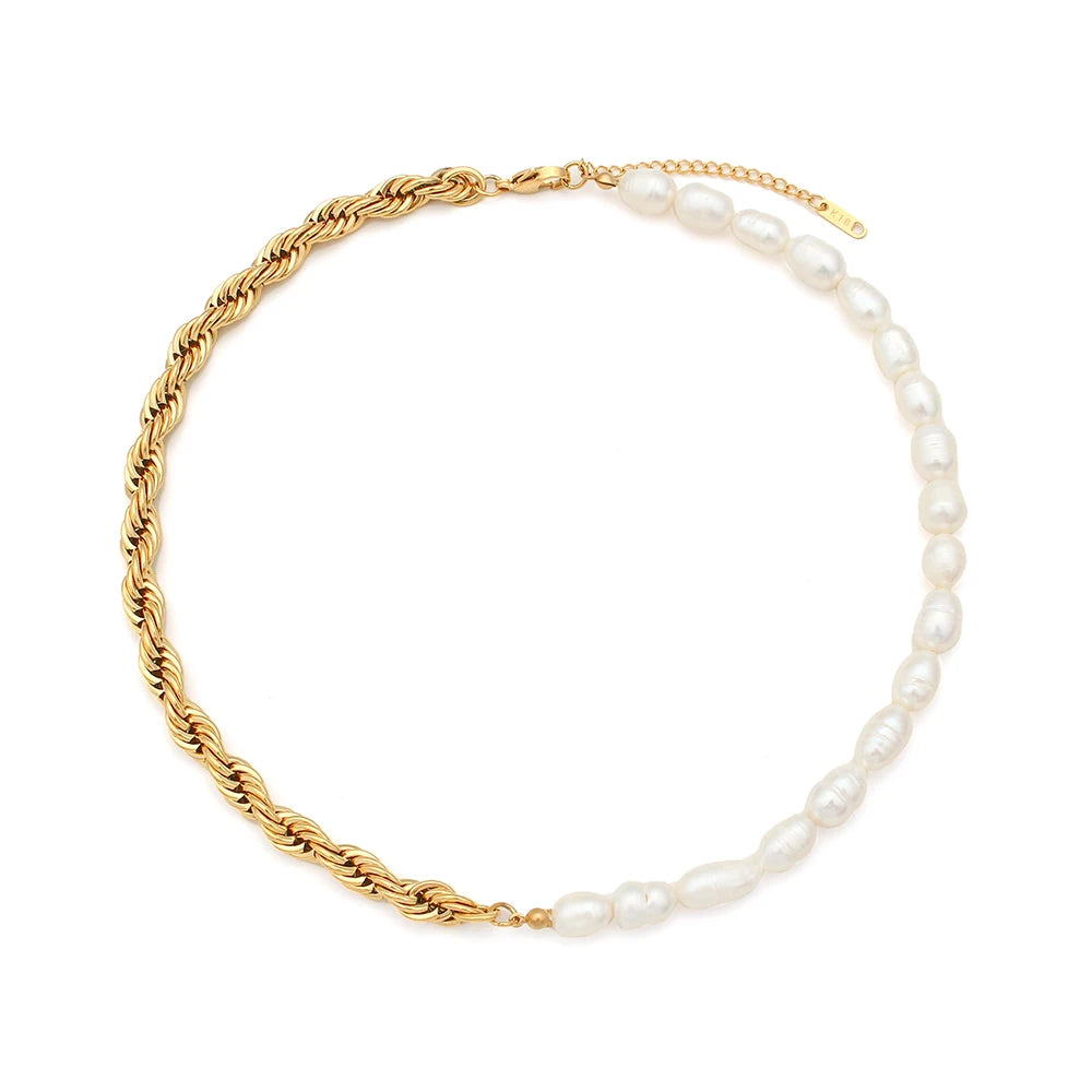 E.B.belle Bold Twisted Rope Chain Splicing with Freshwater Pearl Chunky Chain Necklace Jewelry On The Neck For Women