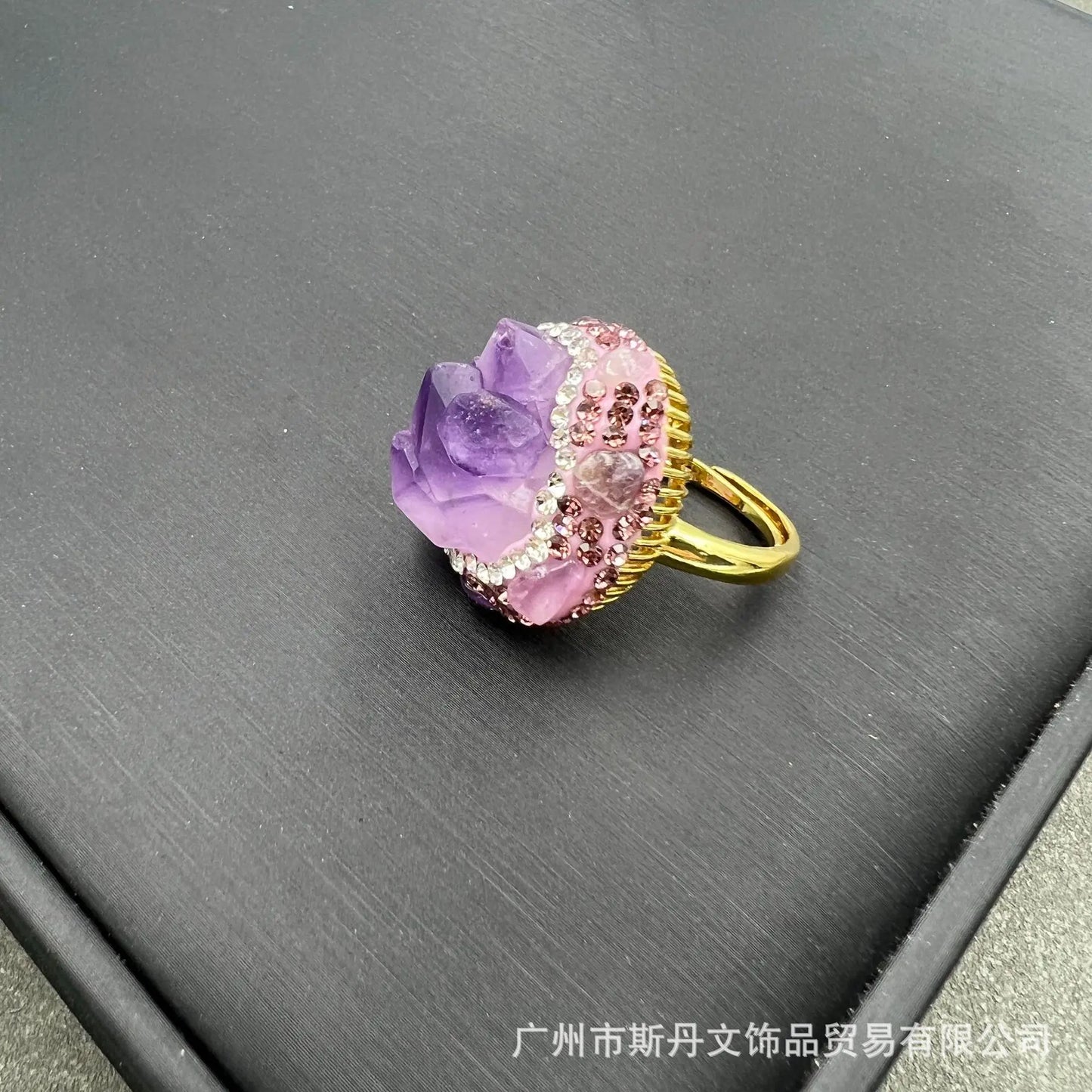 Natural rough stone amethyst flower three-piece set, European and American French personalized raw mineral jewelry sweater chain