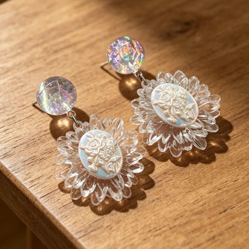 Transparent Flowers Women Earrings Sweet Light Luxury Fashion Jewelry Elegant Vintage Palace Style Pendientes Mujer
