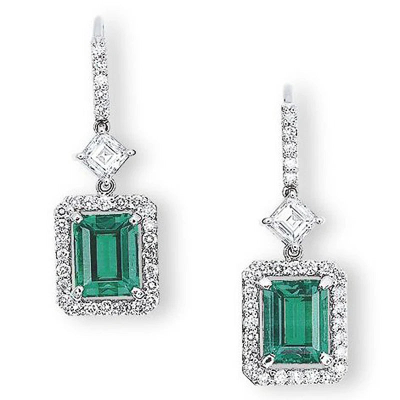 Huitan Modern Fashion Green CZ Drop Earrings for Women Silver Color Luxury Bridal Wedding Party Accessories New Trendy Jewelry