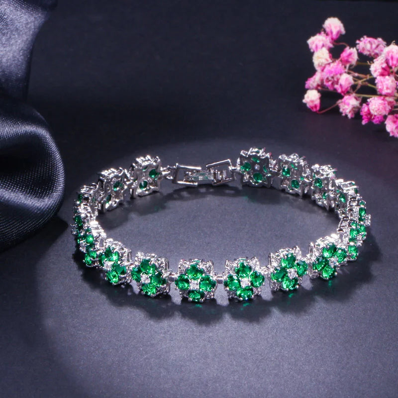 ThreeGraces Luxury Shiny Blue Zirconia Flower Tennis Bracelet for Women Fashion Bridal Wedding Evening Party Jewelry BR402