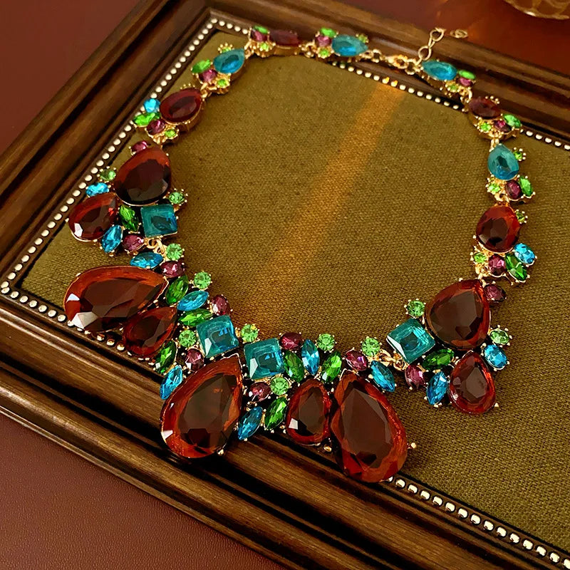 1/2 Pcs Luxury Shiny Rhinestone Choker Necklaces Earrings Set Women Vintage Geometric Bridal Weddings Jewelry Set Banquet N