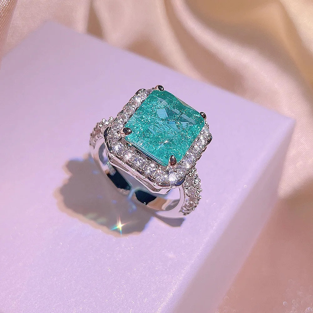 Haute Couture New Square Paraiba Ring Earring Necklace Three-piece Suit Women's Cocktail Party Gift Direct Sale