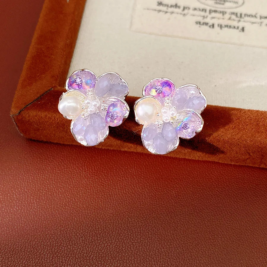Iridescent Glass Beads Zircon Flower Stud Earrings Pastel Floral Imitation Pearl Earrings for Women Fairy Dating Daily Jewelry N