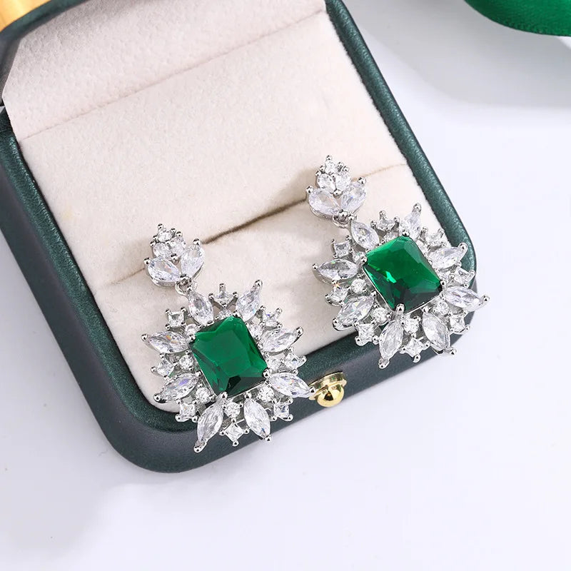 925 Silver New Emerald Geometric Earrings Feminine Exaggerated Light Luxury Princess Square Diamond Earrings Party Birthday Gift