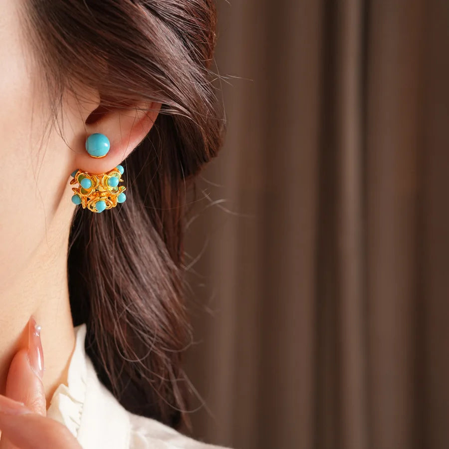 Dual-style Cubic Resin Flower Hollow Out Stud Earrings for Lady Retro Double Balls Ear Studs Statement Party Jewelry N1