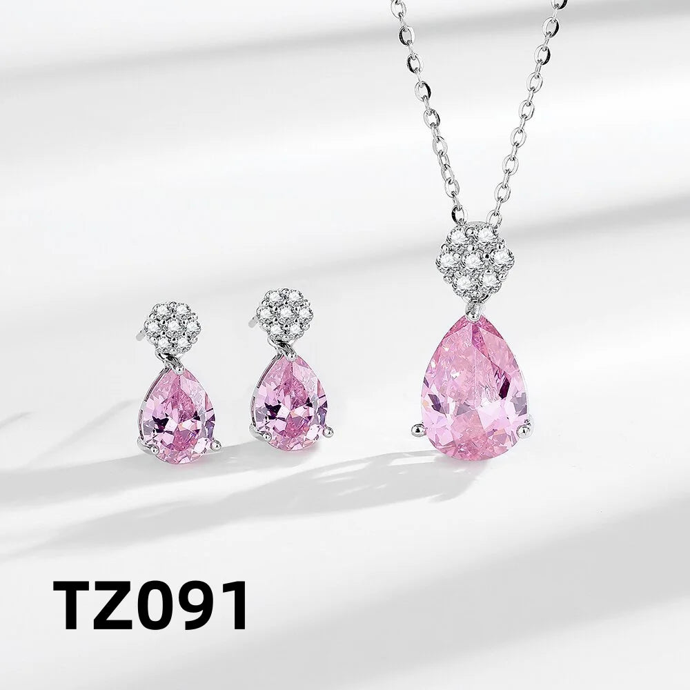 925 Sterling Silver Jewelry Set Shiny Rose Quartz Zircon Women Necklace Earrings Birthday Wedding Party Jewelry Gift