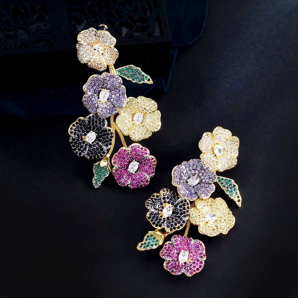 ThreeGraces Beautiful Cubic Zirconia Long Multicolor Flower Dangle Drop Earrings for Women Trendy Wedding Party Jewelry ER846