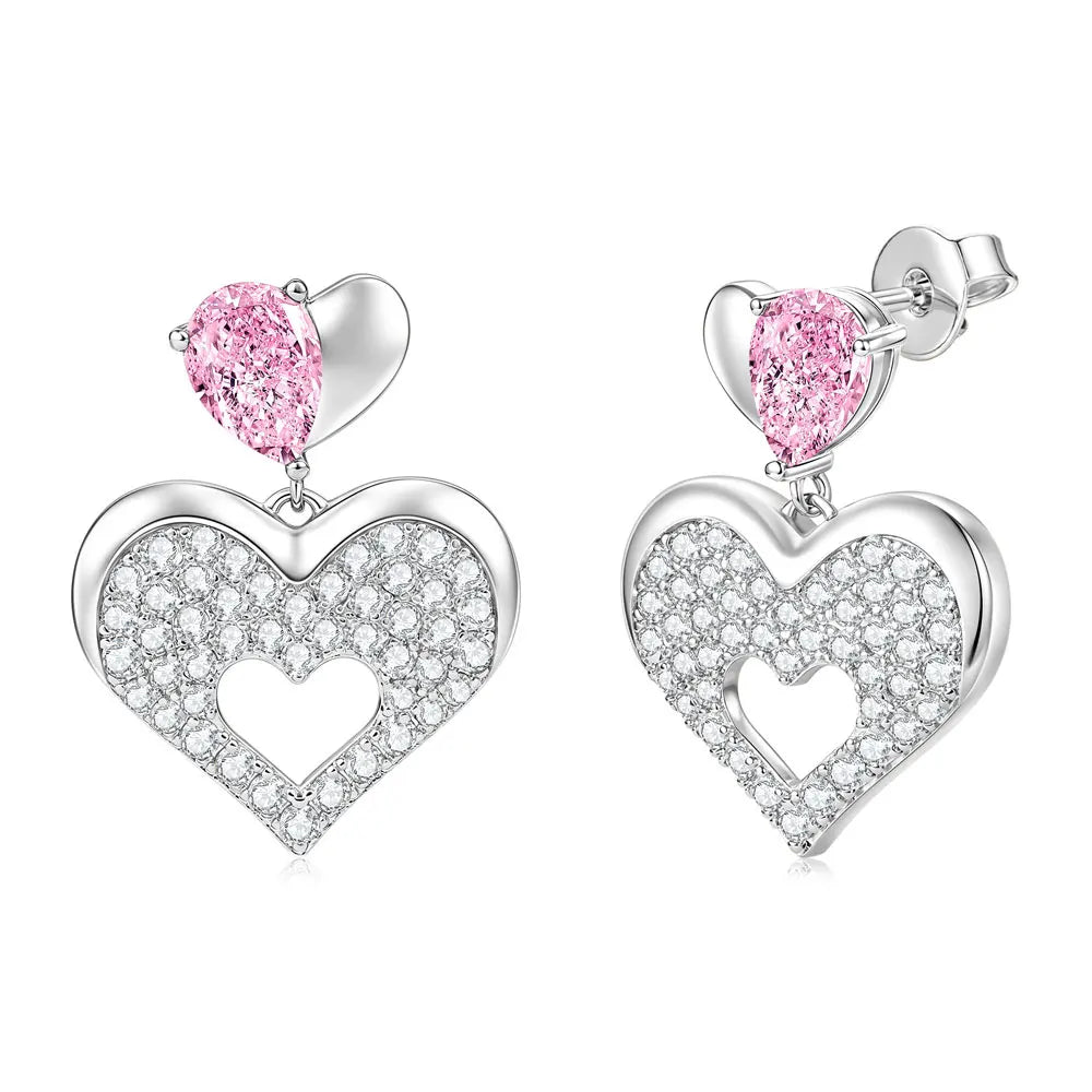 OXTAO Pink Heart-shaped Drop Earrings Sweet Moissanite &CZ Lab Imitation Diamond 14K Gold Filled for Women Luxury Jewelry