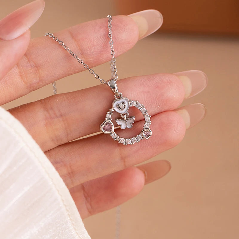 ANENJERY 316L Stainless Steel Flower Butterfly Shell Pendant Necklace For Women Delicate Elegant Fashion Jewelry Gifts Wholesale