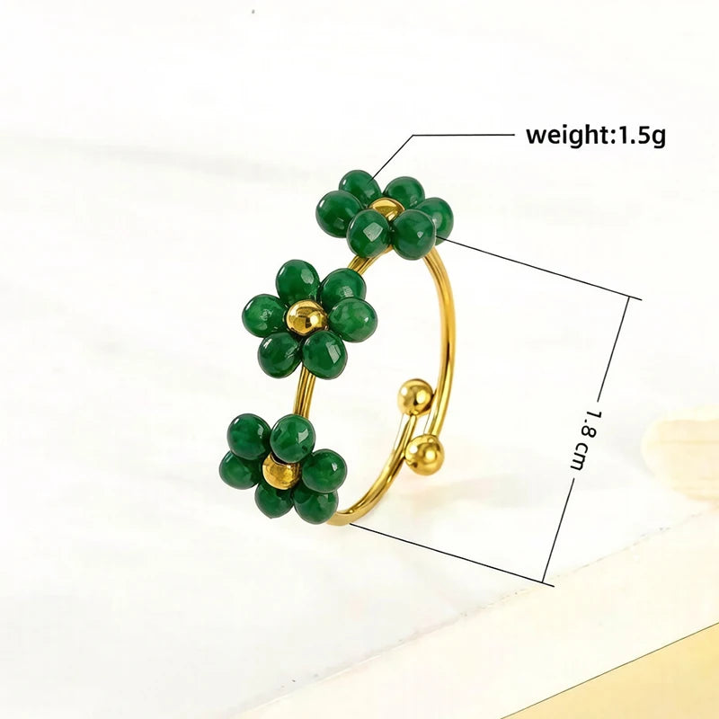 ANENJERY 316L Stainless Steel Colorful Beads Flowers Open Ring For Women French Niche Design Elegant Jewelry Gifts Wholesale