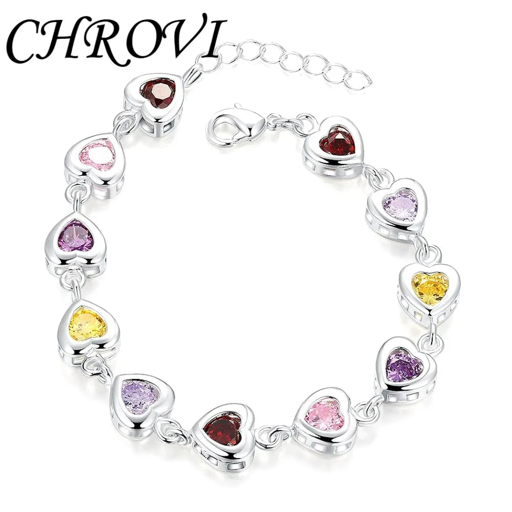 Exquisite 925 sterling silver cubic zirconia crystal heart bracelet for women, versatile, fashionable, suitable for commuting