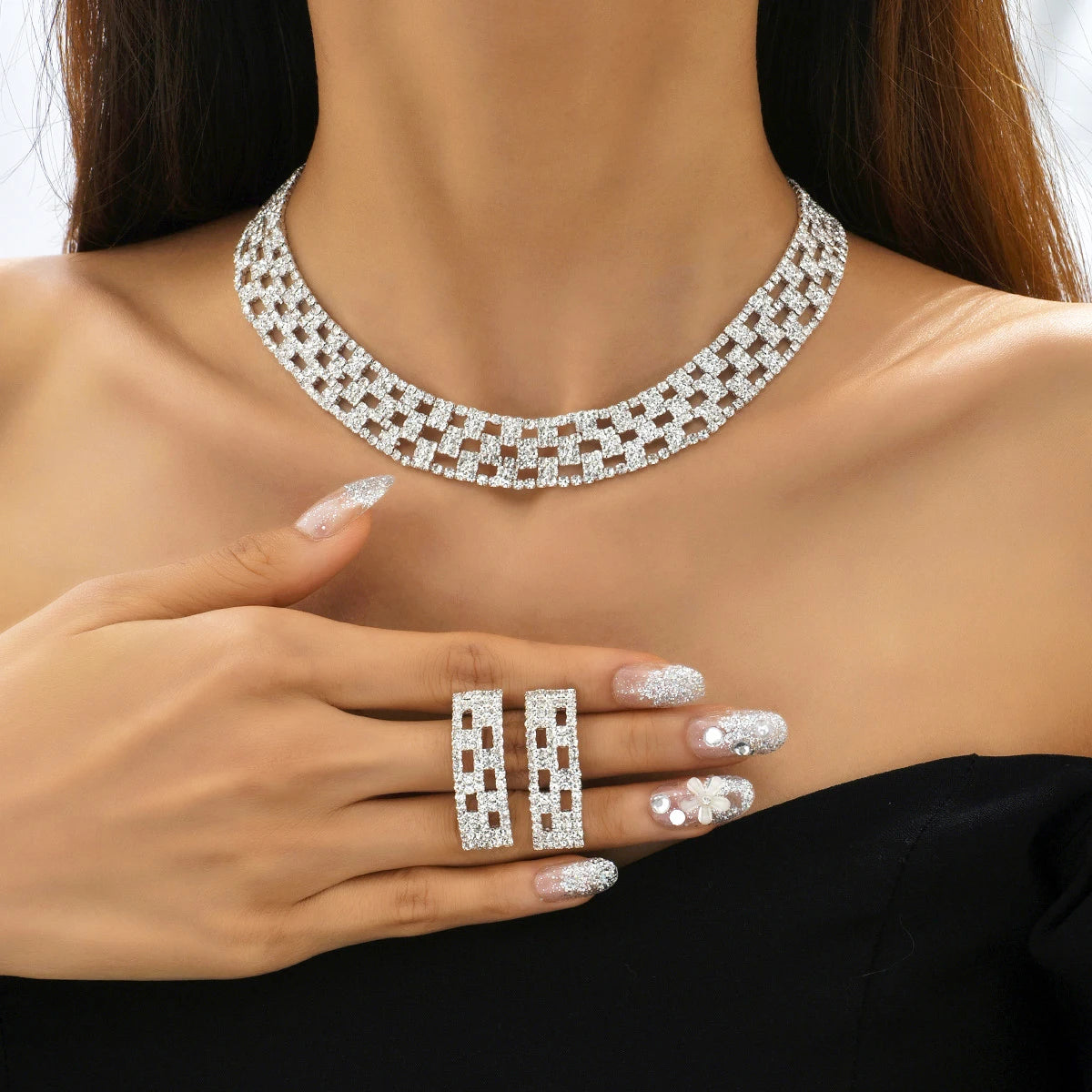 TREAZY Luxurious Rhinestone Crystal Wedding Jewelry Sets for Women Statement Choker Necklace Earrings Bridal Jewelry Accessories