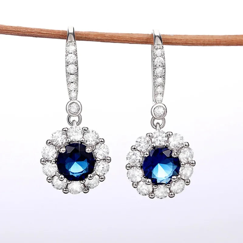Elegant Round Flower Blue Zircon Sterling Silver Dangle Earrings Dazzling CZ Women Wedding Accessories Fashion Earrings