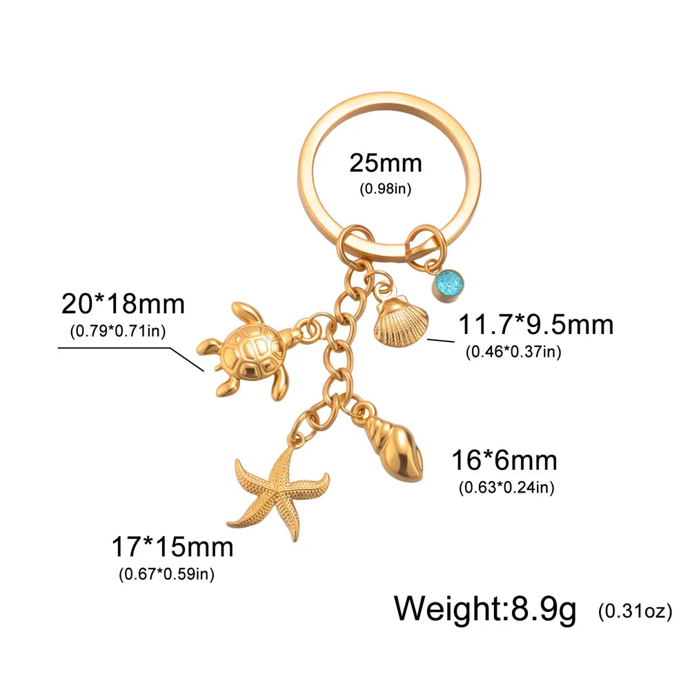 Turtle Starfish Shell Keychain Ocean Theme Stainless Steel Seashell Conch Crystal Charms Key Ring Fashion Beach Bag Holiday Gift