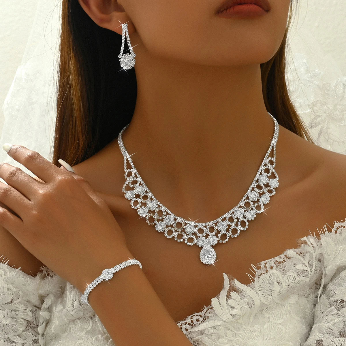 Fashionable and Exquisite Claw Chain Design Water Droplet Jewelry Set, Light Luxury Retro High-End Jewelry Set for Women