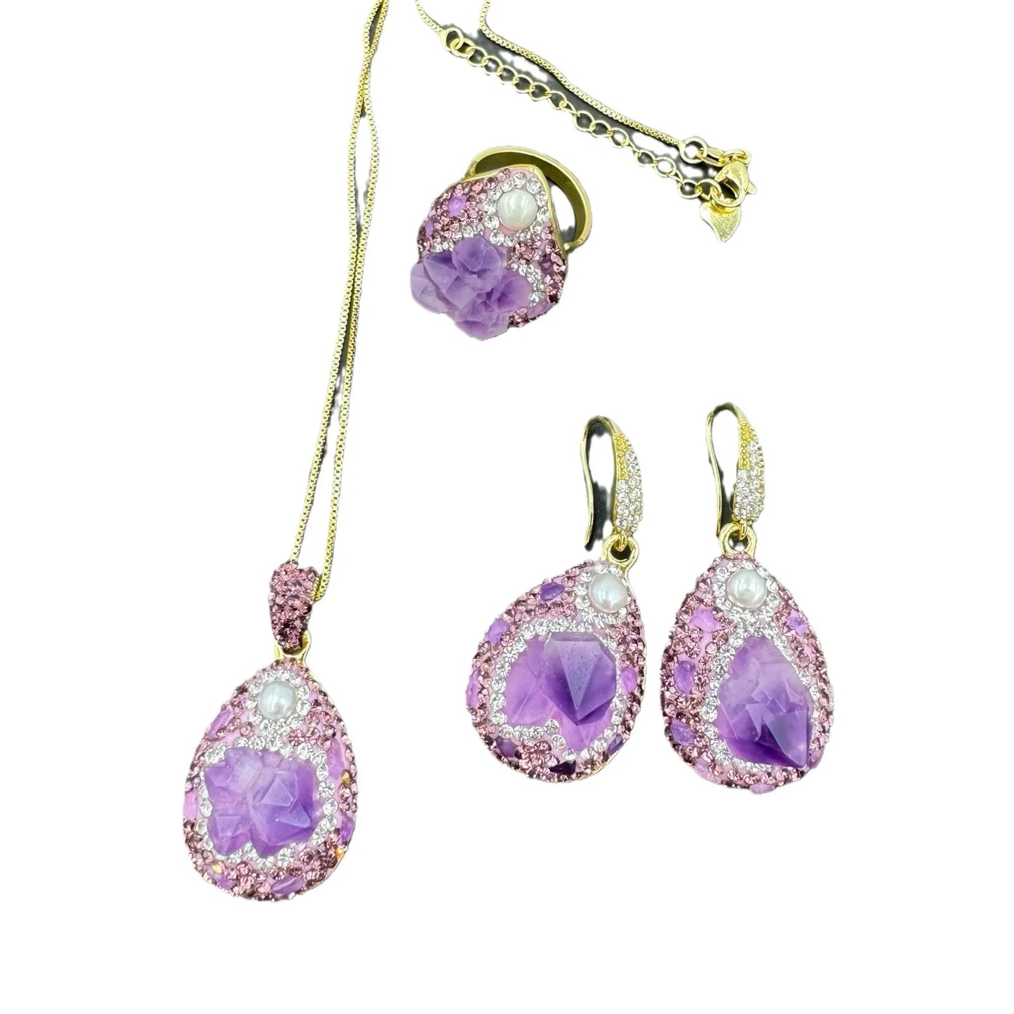 New natural amethyst flower pearl three-piece set niche personalized inlaid rough stone tourmaline sweater chain factory wholesa