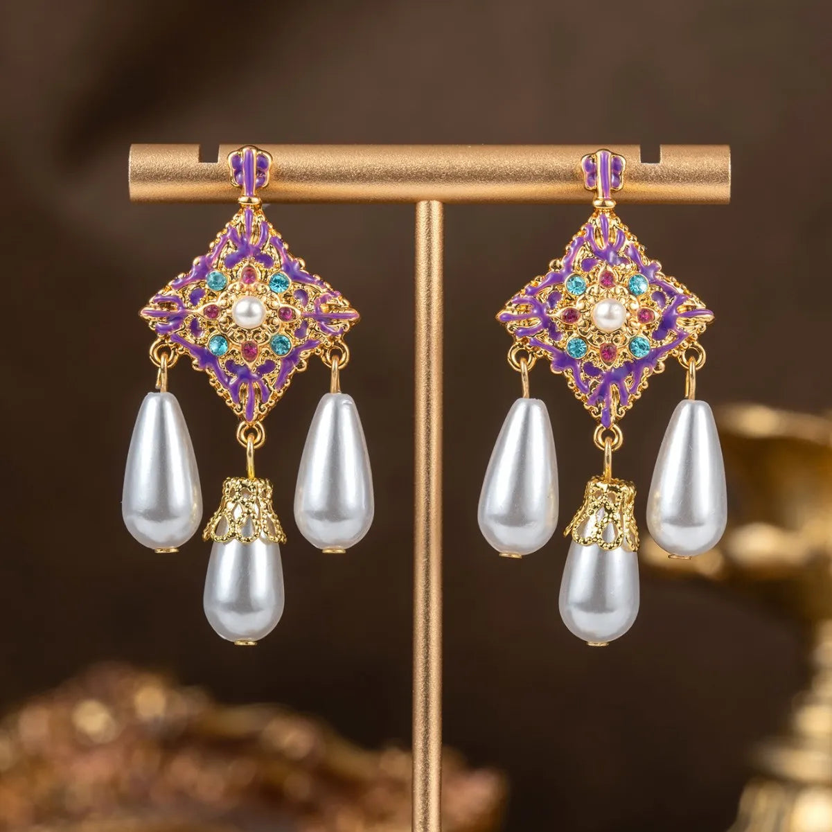 New Chinese Style Women Pearls Earrings Hollow Out Geometric Purple Elegant Jewelry Light Luxury Sweet Pendientes Mujer