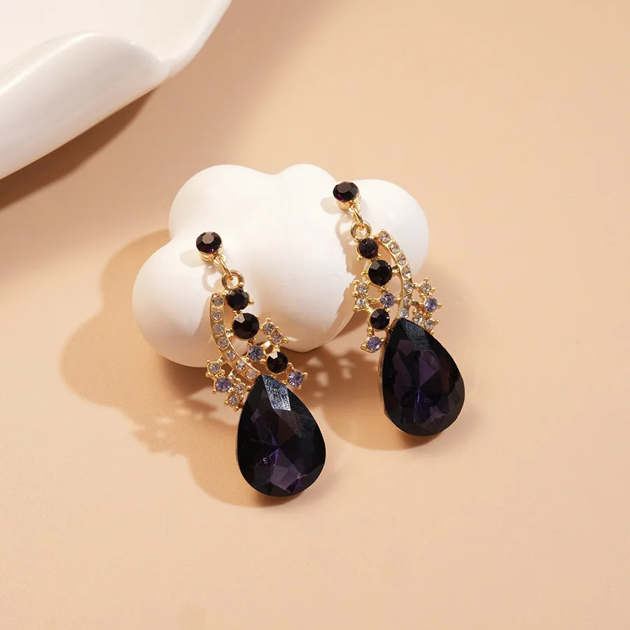 Purple Rhinestone Pendant Necklaces Drop Earrings Party Banquet Jewelry Set Vintage Water Drop Necklace Earrings Accessories H