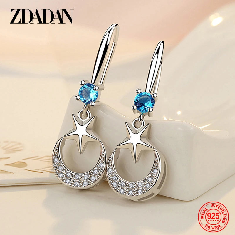 ZDADAN 925 Sterling Silver Star Moon CZ Dangle Earrings For Women Fashion Jewelry