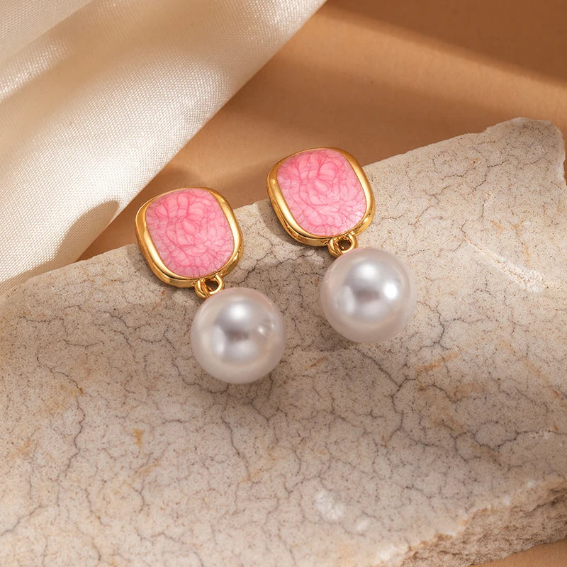 ANENJERY 316L Stainless Steel Geometric Elliptical Drop Glazed Enamel Pearl Earring For Women Fashion Luxury Niche Jewelry Gift