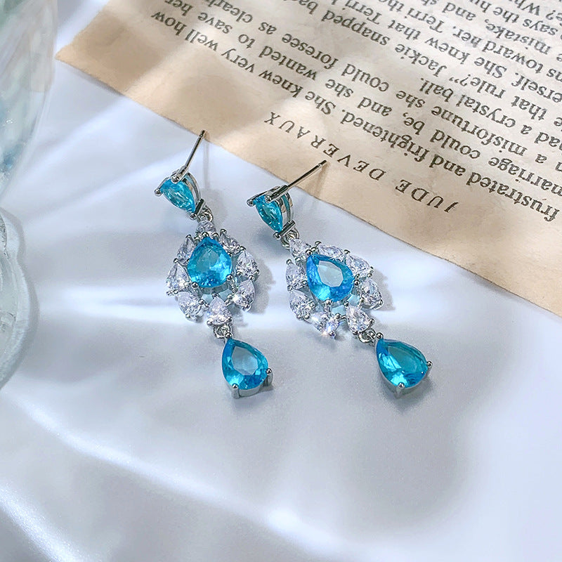 Fashion Temperament Long Water Drop Blue Zircon Eardrop Female Tide 925 Stamp Popular Bohemian Ear Accessories Gift