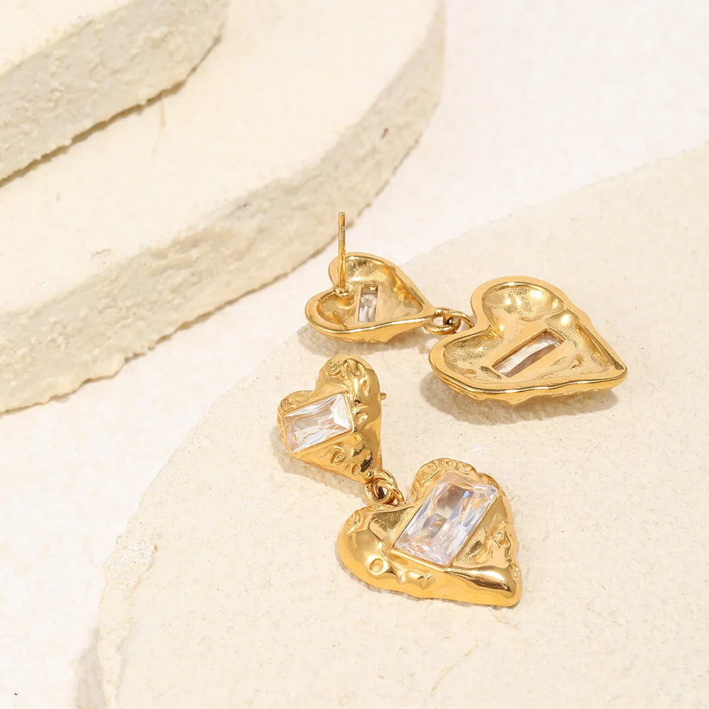 Vintage Stainless Steel Double Heart Drop Earrings for Women Luxury Square Zircon Metal Textured Dangle Earring Wedding Jewelry