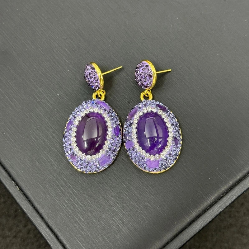 Turkish Style Amethyst Crystal Stone Necklace Ring Earring Set Women Natural Quartz Bracelet Jewelry for Bridal Wed Dress Gift