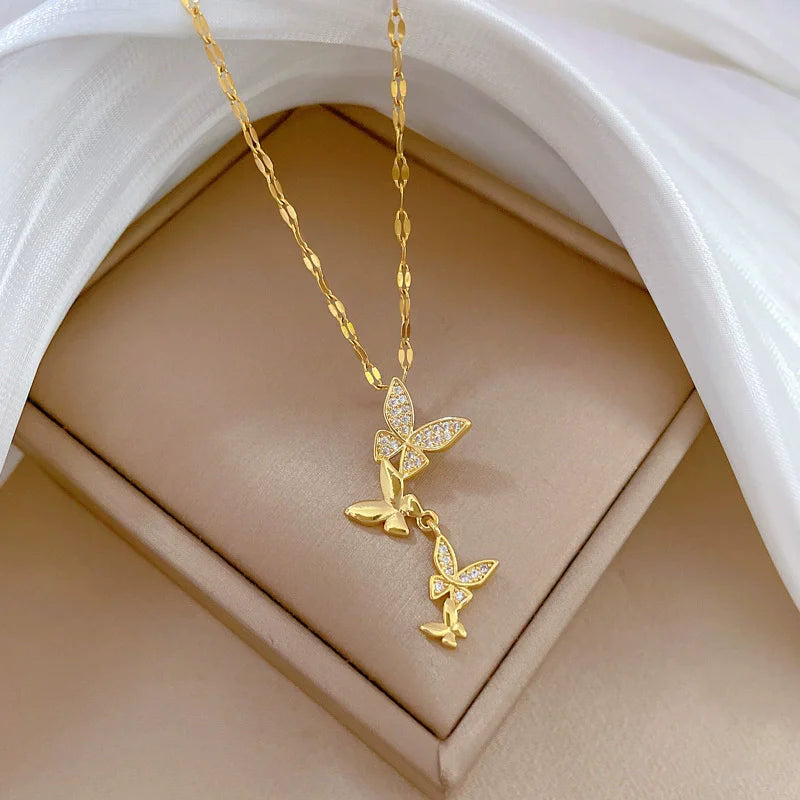 EILIECK 316L Stainless Steel Shine Cubic Zircon Butterfly Pendant Necklace Gold Color Texture Metal Personalized Chain Jewelry