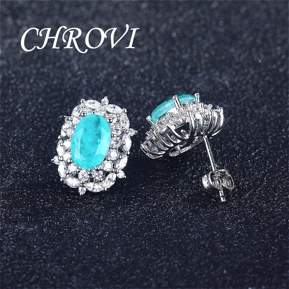 New 925 Pure Silver Paraiba Diamond Necklace - Pendant Gemstone Formal Jewelry Set Including Ring and Earrings