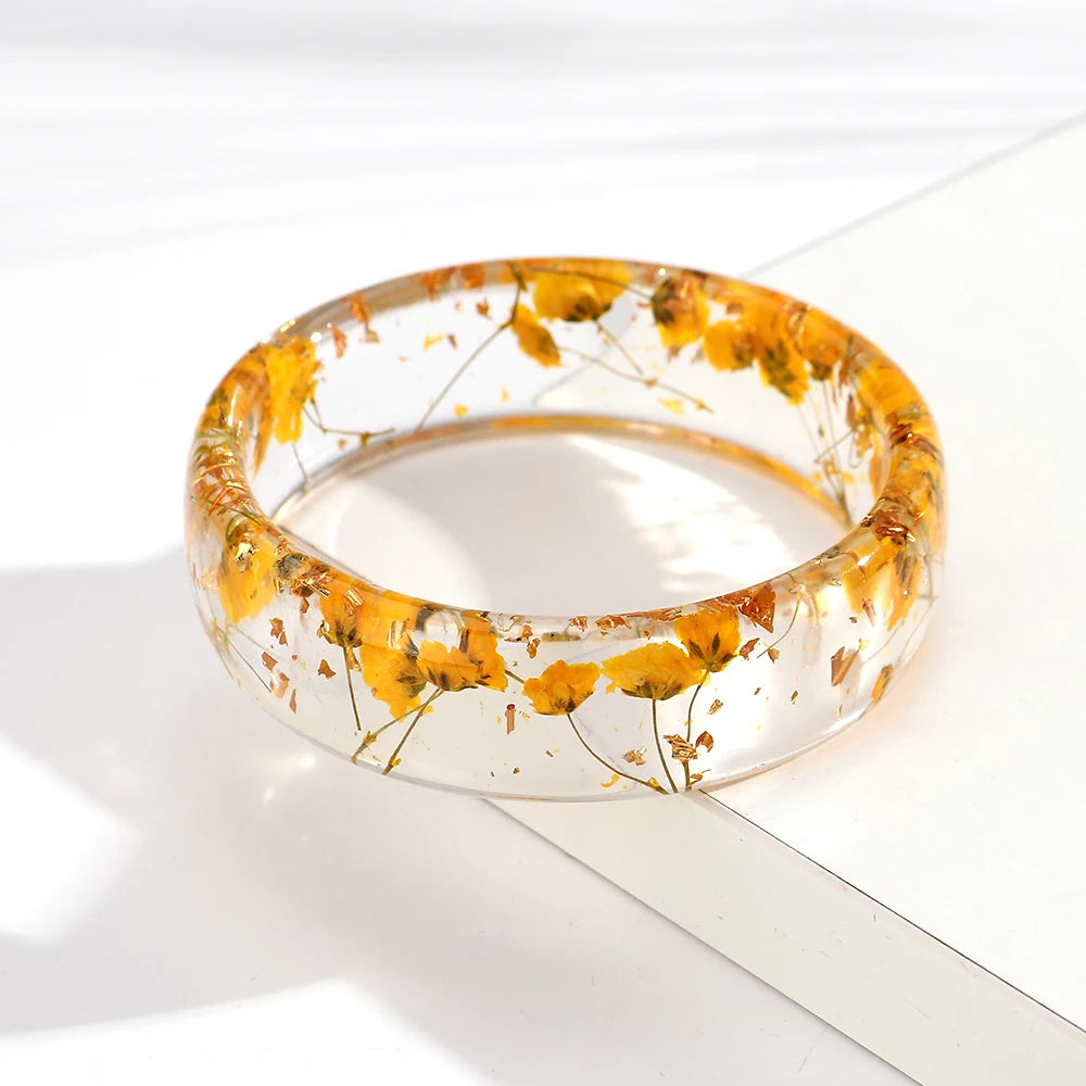 Vintage Dried Flowers Transparent Resin Chunky Bangles New Stackable Cuff Bangle Bracelets for Women Charm Jewelry
