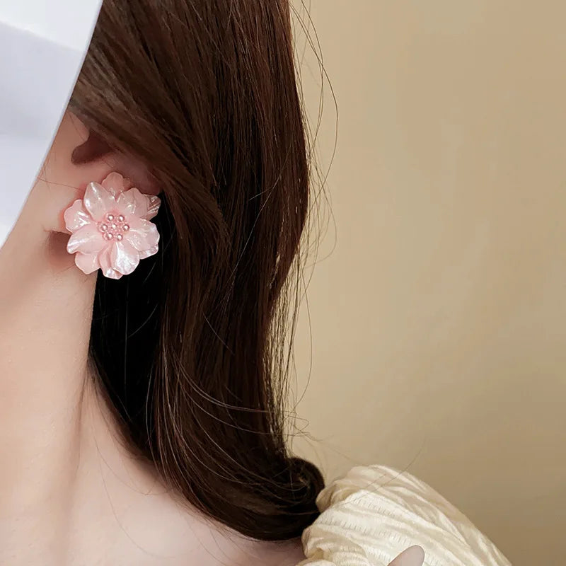 Kaitin Acrylic Pink Flower Pearl Earrings Ins Simple and Fashionable Earrings Temperament Versatile Earrings Wholesale for Women