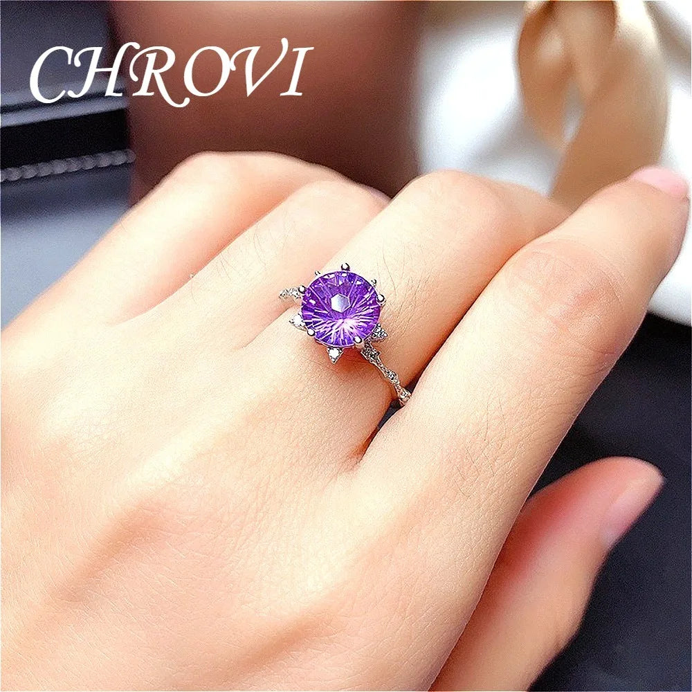 New 925 pure silver purple crystal ring pendant earring set - Sparkling cut purple crystal necklace