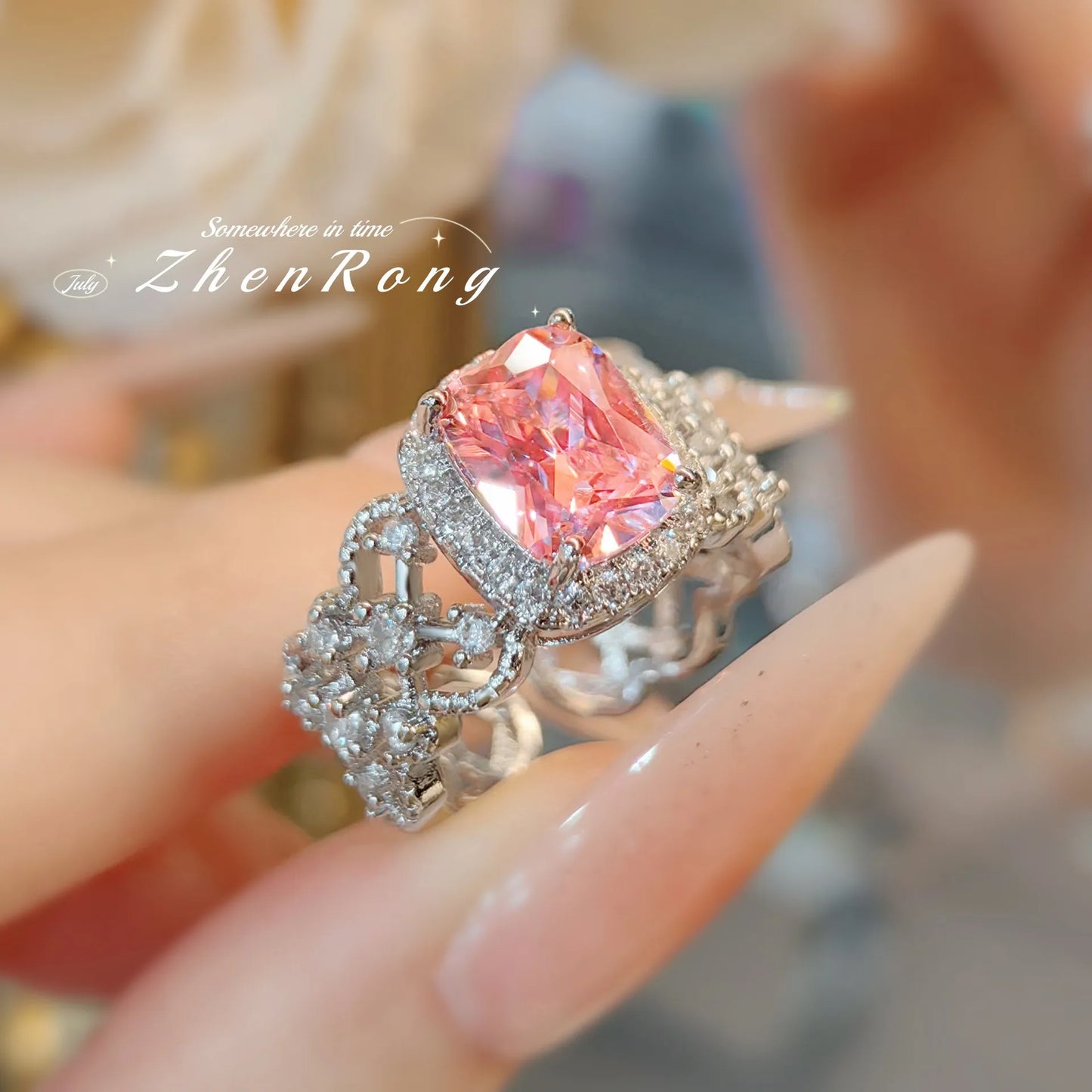 925 Silver Fashion Inlaid Zircon Engagement Ring Pink Crystal Women Shiny Zircon Jewelry Geometry Pink Women's Ring