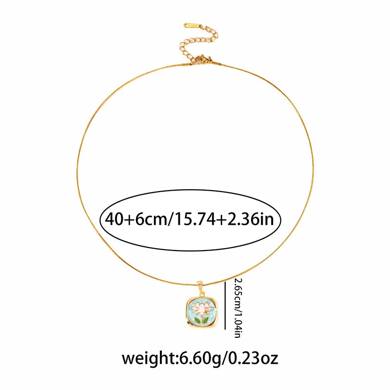 ANENJERY 316L Stainless Steel Colorful Square Lotus Necklace For Women Summer Holiday Glamorous Jewelry Gift Wholesale