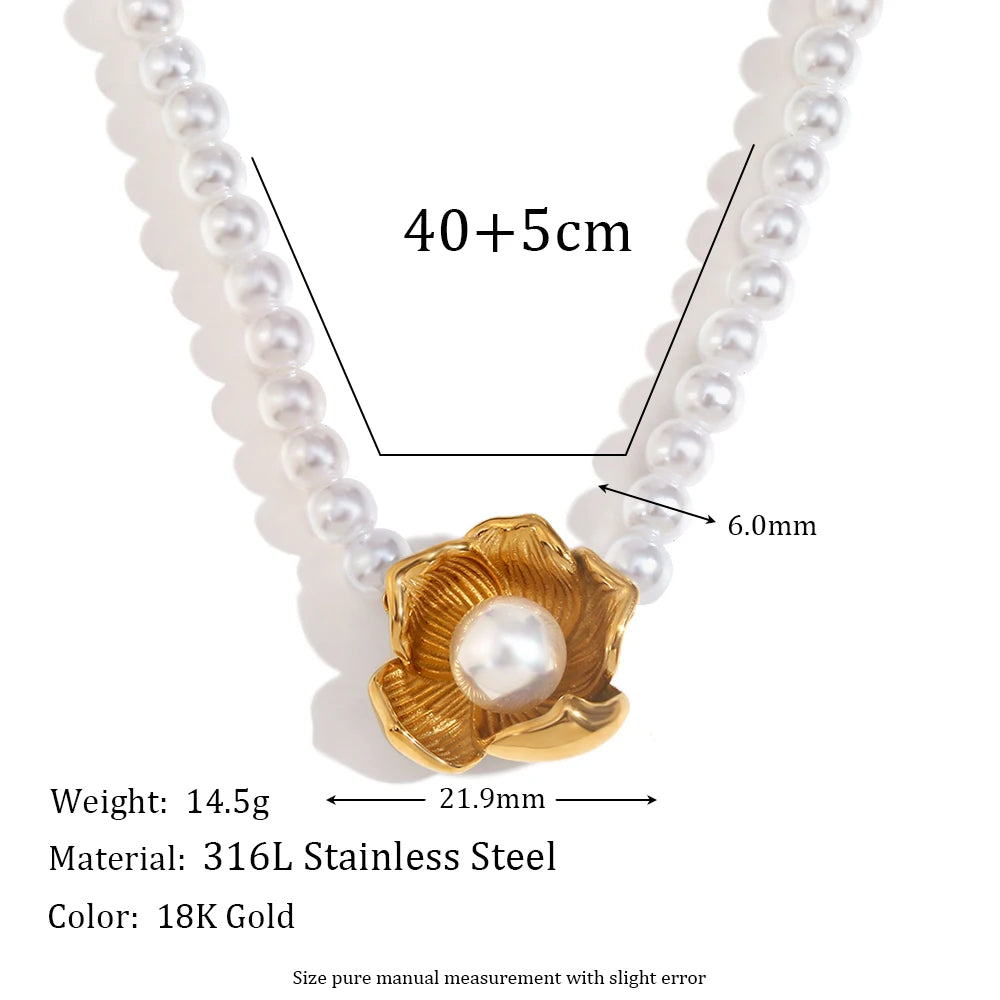 E.B.belle Imitation Pearl Flower Pendant Necklace Hypoallergenic 316L Stainless Steel Accessories 18K Gold Plated Gift