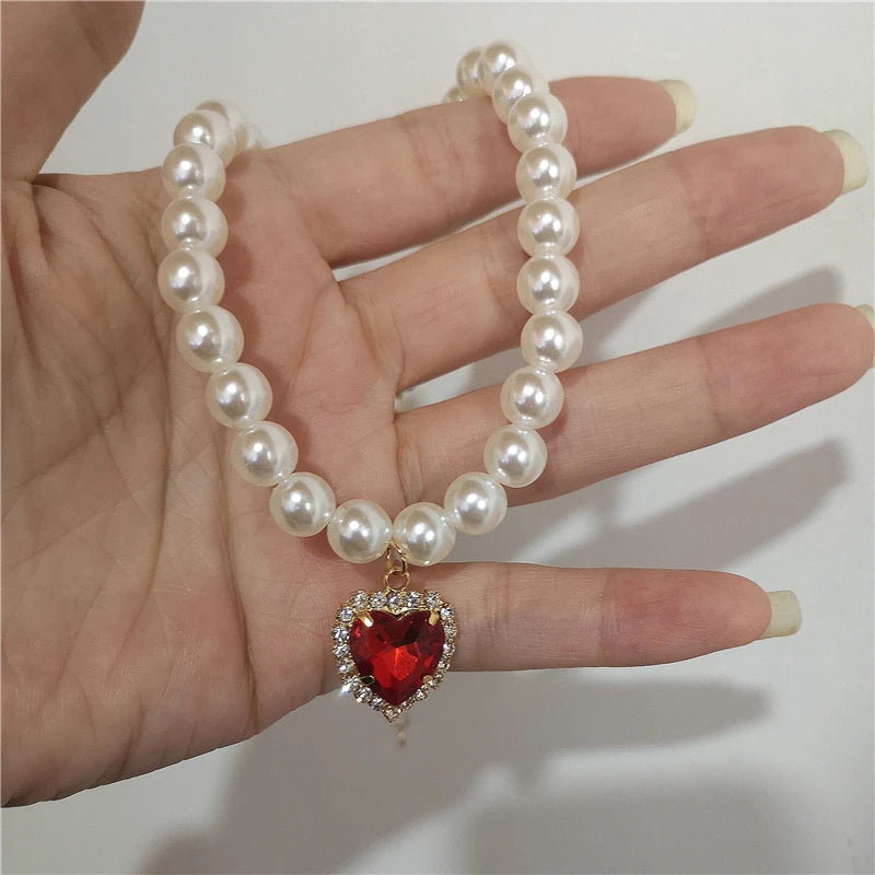 Kpop Vintage Baroque Red Crystal Heart Pendant Pearl Chain Necklace For Women Jewelry Wedding Christmas Gift Y2K Accessories