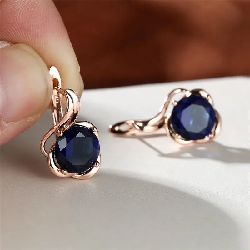 Female Crystal Round Red Green Purple Zircon Stone Flower Hoop Earrings Charm Rose Gold Color Wedding Jewelry Earrings For Women