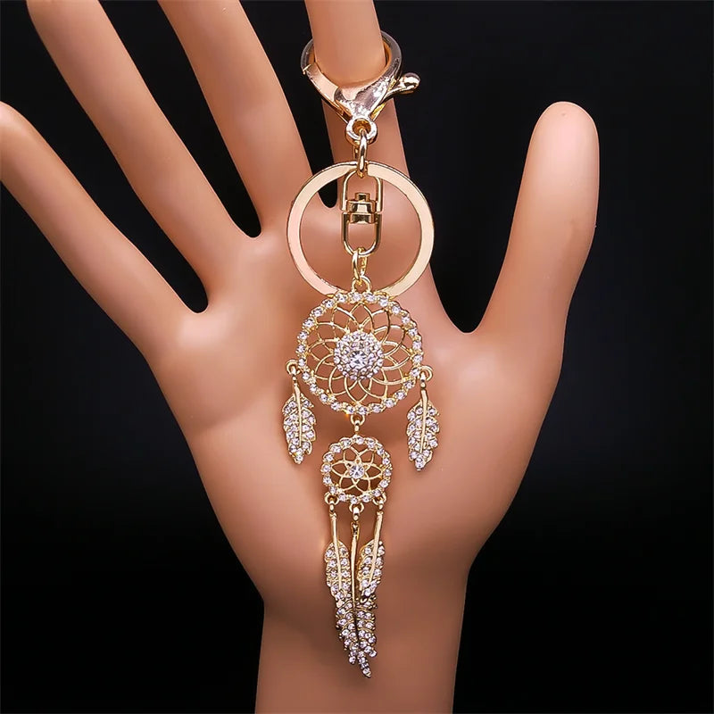 Shinny Crystal Owl Dreamcatcher Feather Keychain for Women Alloy Rhinestone Dream Catcher Animal Key Ring Bag Jewelry K9034S05