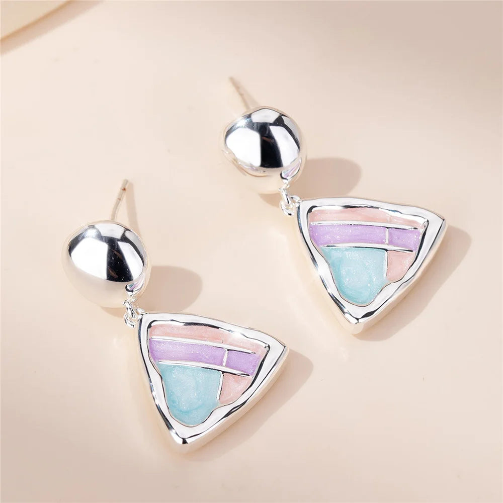 Cute Charm Female Small triangle Rainbow Enamel New Fashion Drop Dangle Earrings Unique Silver Color Wedding Jewelry For Women
