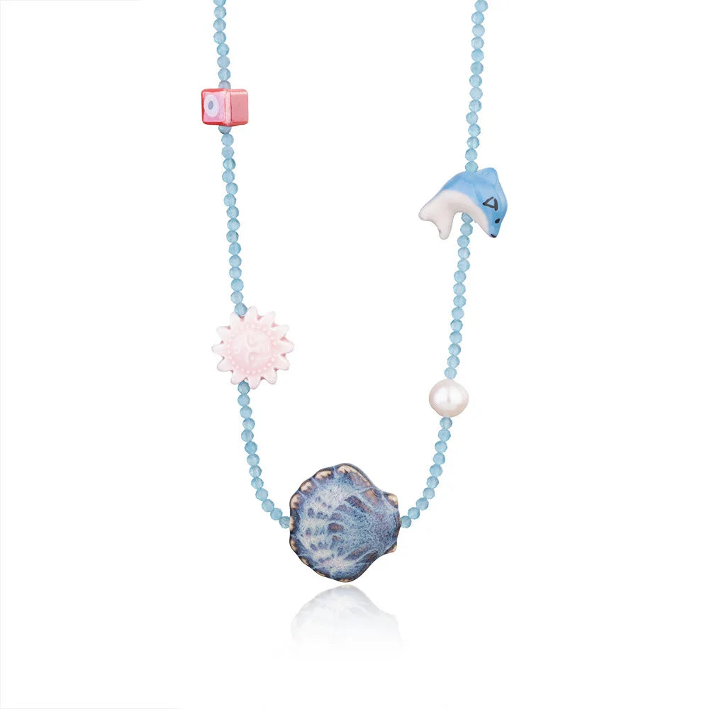 Handmade Weave Multi Colored Rice Beads Dolphin Neckalce Women Color Texture Shell Scallop Oysters Summer Beach Charm Jewelry